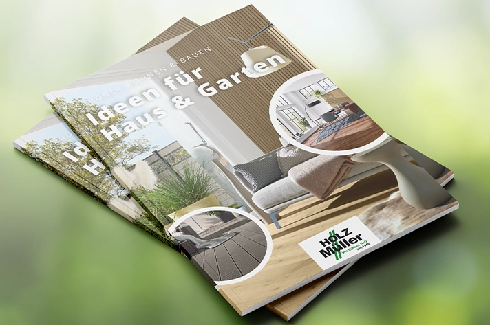 Katalog mit dem Titel 'Ideen für Haus & Garten' von Holz Müller auf grünem Hintergrund, mit Wohn- und Gartenthemen auf dem Cover.