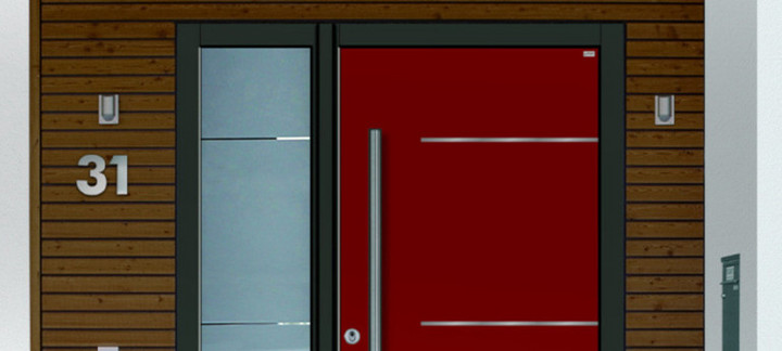 Moderne Haustür in kräftigem Rot mit Seitenteil aus Glas und Holzfassade – stilvoller Eingangsbereich eines Hauses.